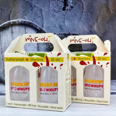 "Drunkin' Grownups, America Runs On Wine" Stemless Wine Glasses - 2 Pack