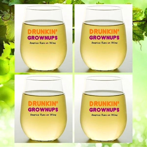 "Drunkin' Grownups, America Runs On Wine" Stemless Wine Glasses - 4 Pack