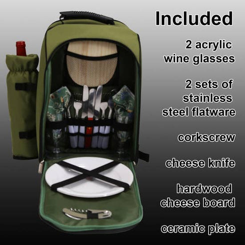 Alpine Two Person Picnic Back Pack with Wine Tote in Black or Olive
