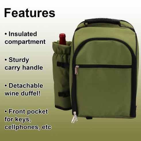 Alpine Two Person Picnic Back Pack with Wine Tote in Black or Olive